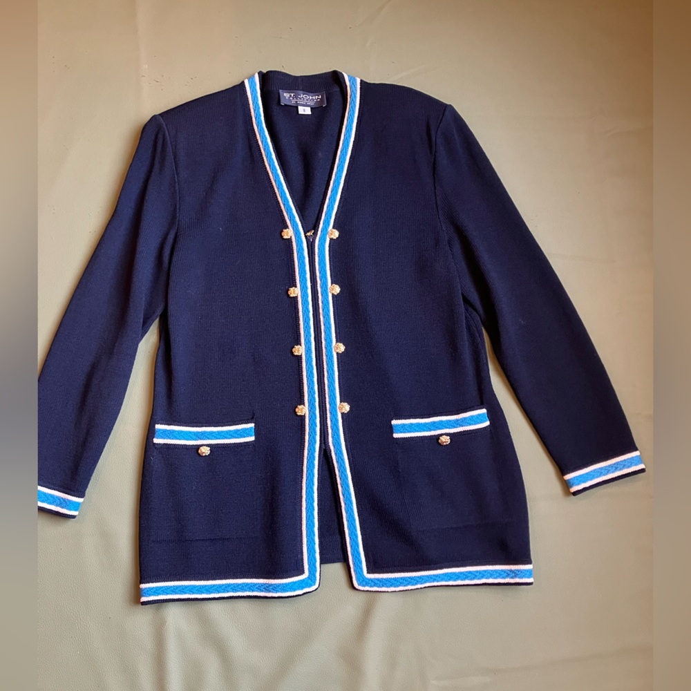 St. John Collection Navy Knit Jacket Turquoise Stripe Gold Button Size 8